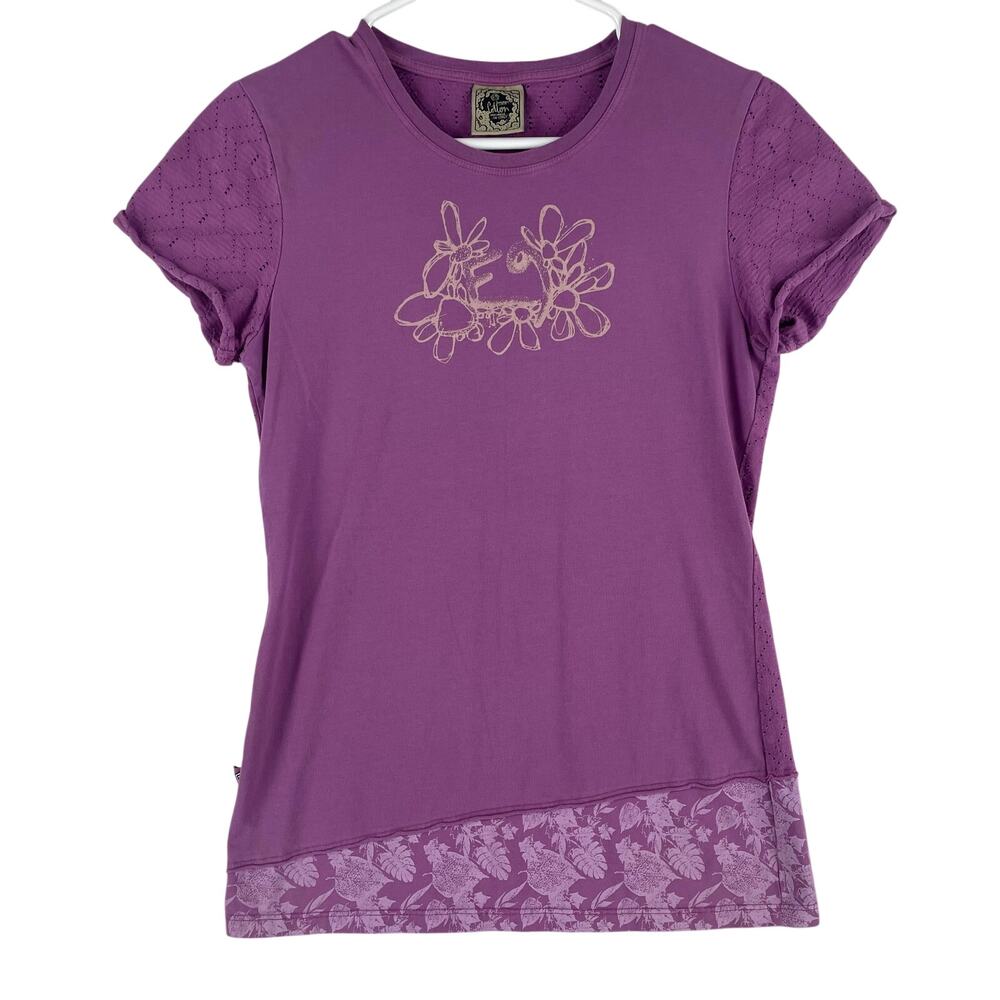 E9 Planet WMNS “Bonny” Organic Cotton Climbing Tee SZ S Purple Graphic Italy